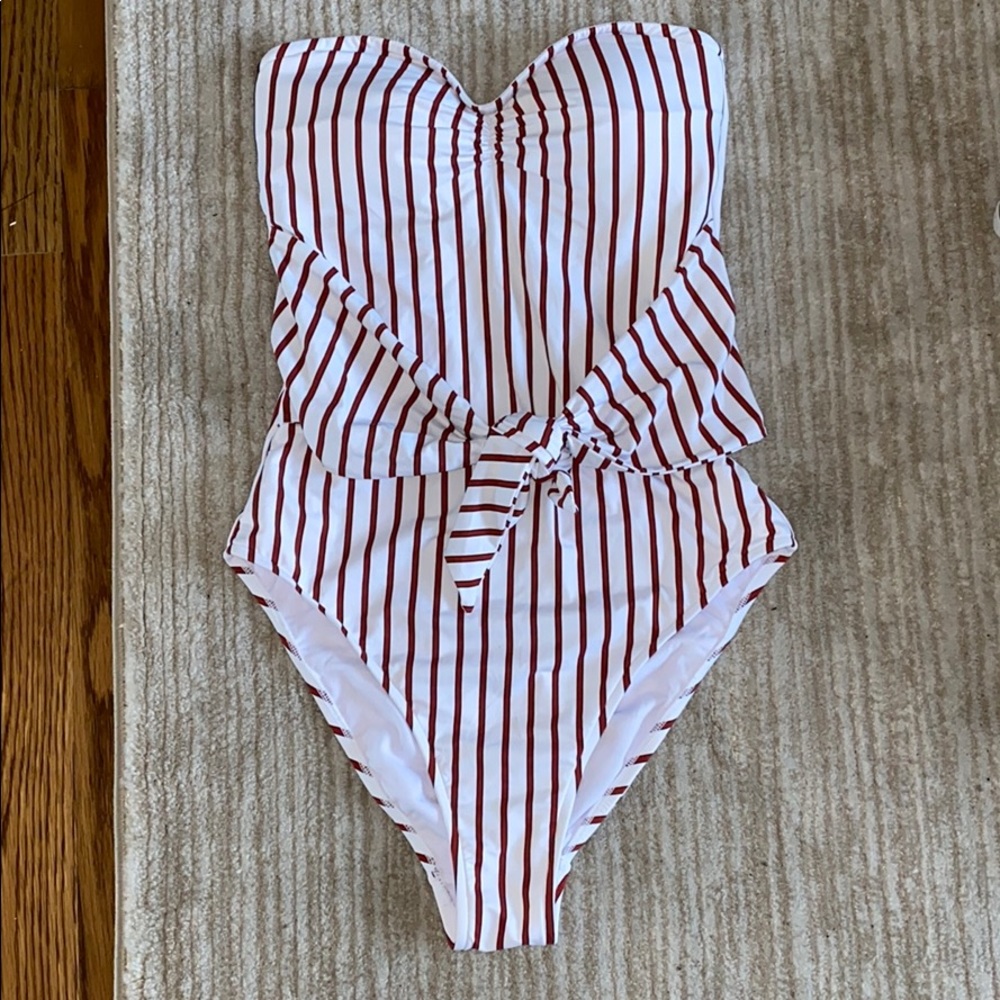 WEWOREWHAT Capri one piece in Dark red pinstripe